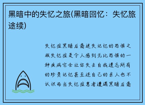 黑暗中的失忆之旅(黑暗回忆：失忆旅途续)